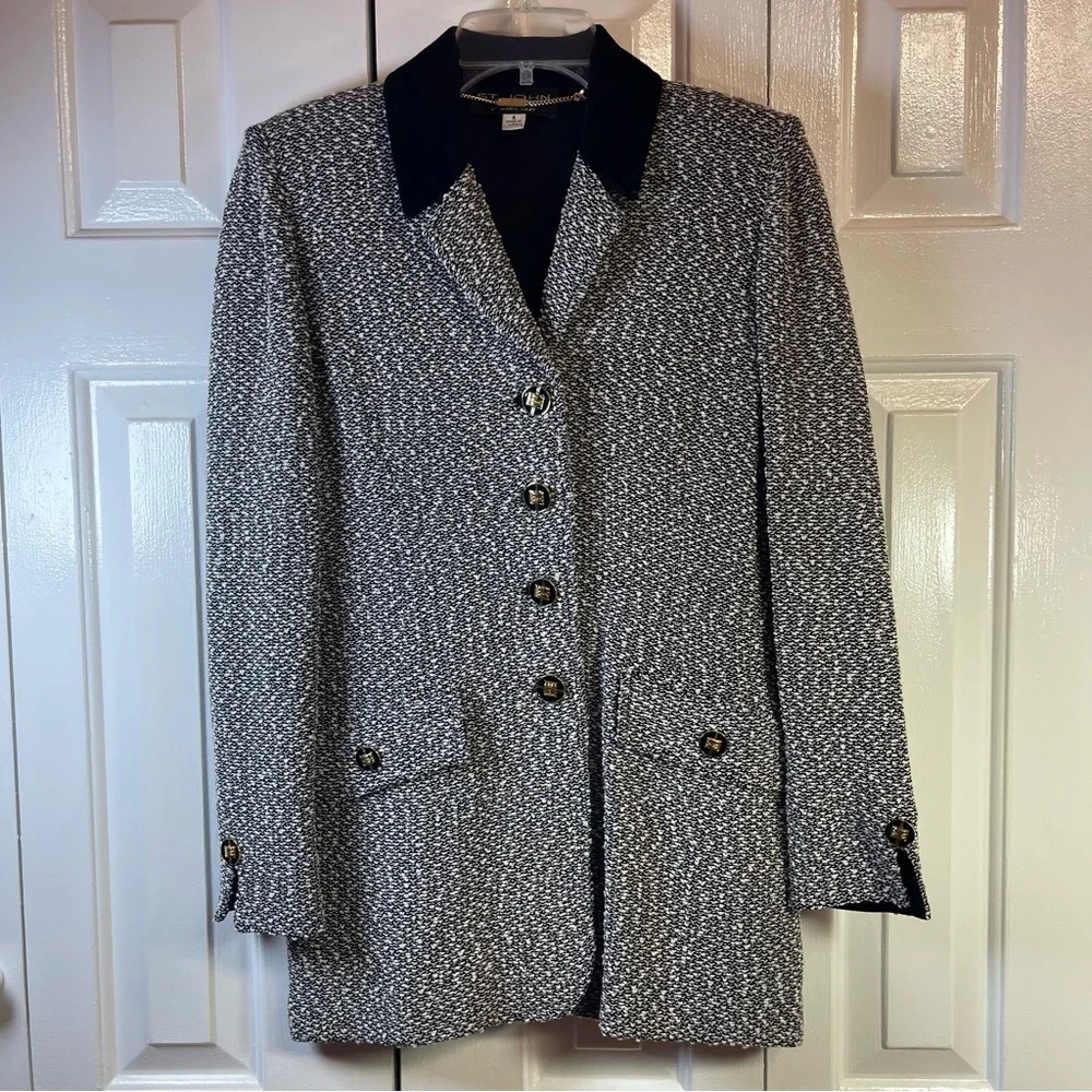 ST. JOHN Couture 2 Piece Tweed Texture Jacket + Mini Skirt Gold Button Suede C14